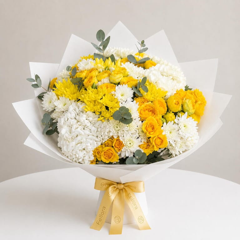 Yellow Roses And White Chrysanthemum Flower Bouquet-A1702 - Image 5