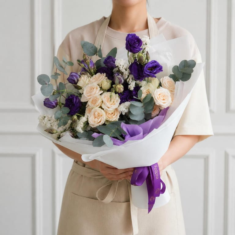 Peach Spray Rose Purple Lisianthus Bouquet-A1706 - Image 1