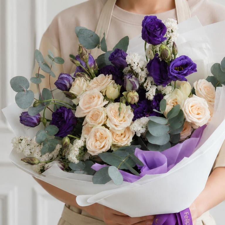 Peach Spray Rose Purple Lisianthus Bouquet-A1706 - Image 4