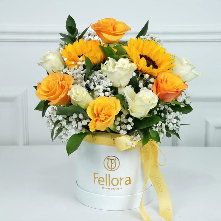 Yellow and White Roses with Sunflower Box Arrangement-A1708 - Image 1
