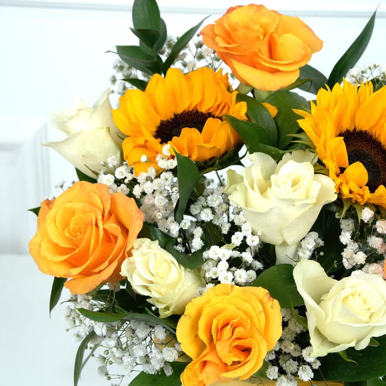 Yellow and White Roses with Sunflower Box Arrangement-A1708 - Image 3