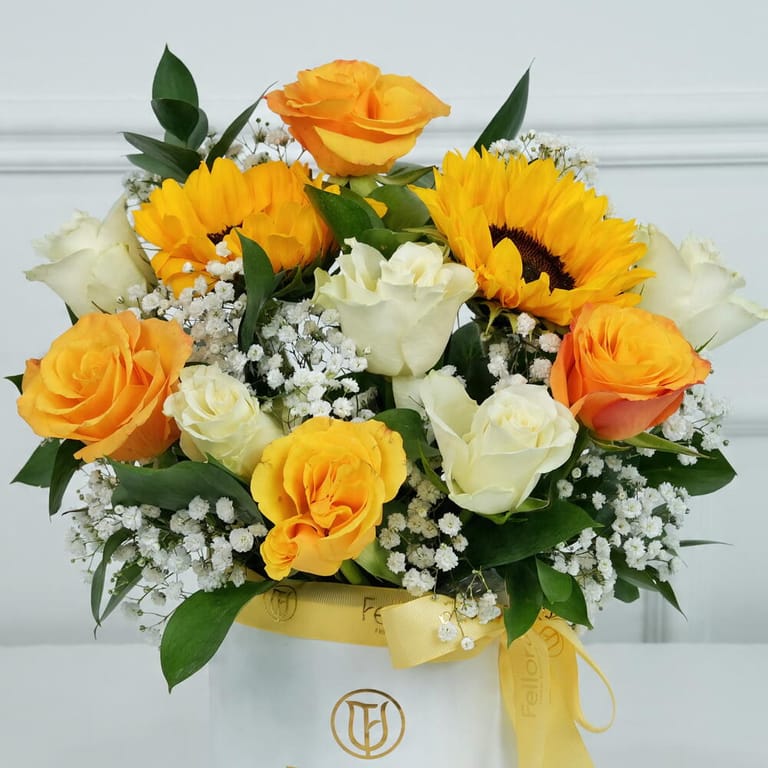 Yellow and White Roses with Sunflower Box Arrangement-A1708 - Image 4