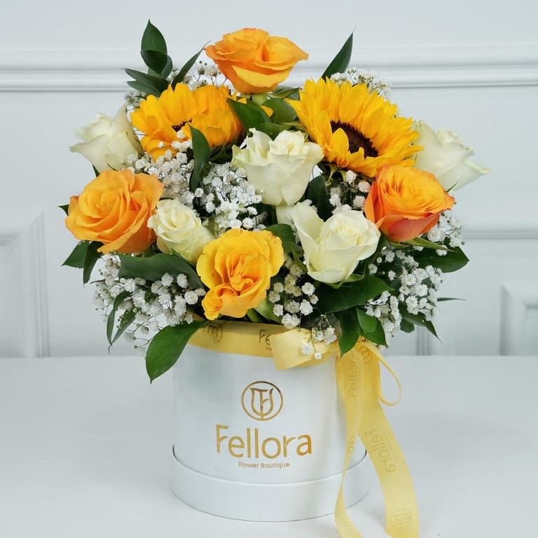 Yellow and White Roses with Sunflower Box Arrangement-A1708 - Image 5