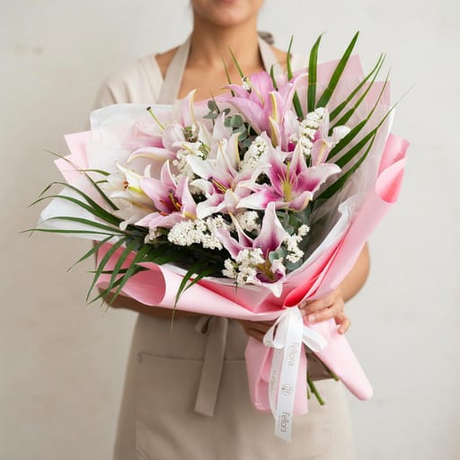 Premium Pink Lily and White Statice Bouquet-A1711