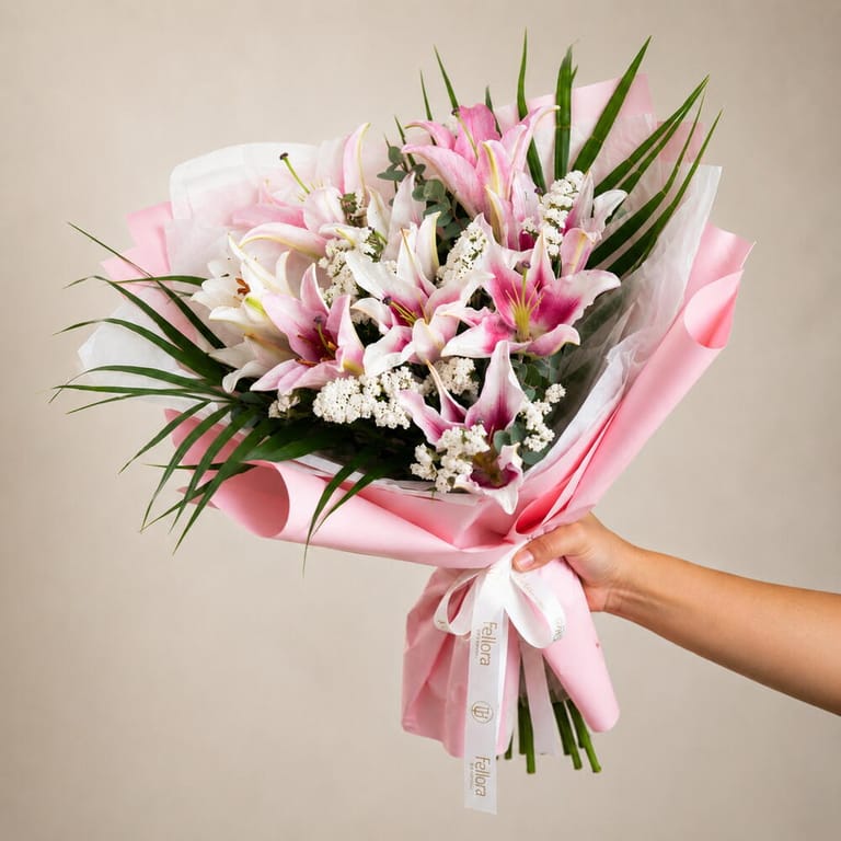 Premium Pink Lily and White Statice Bouquet-A1711 - Image 2