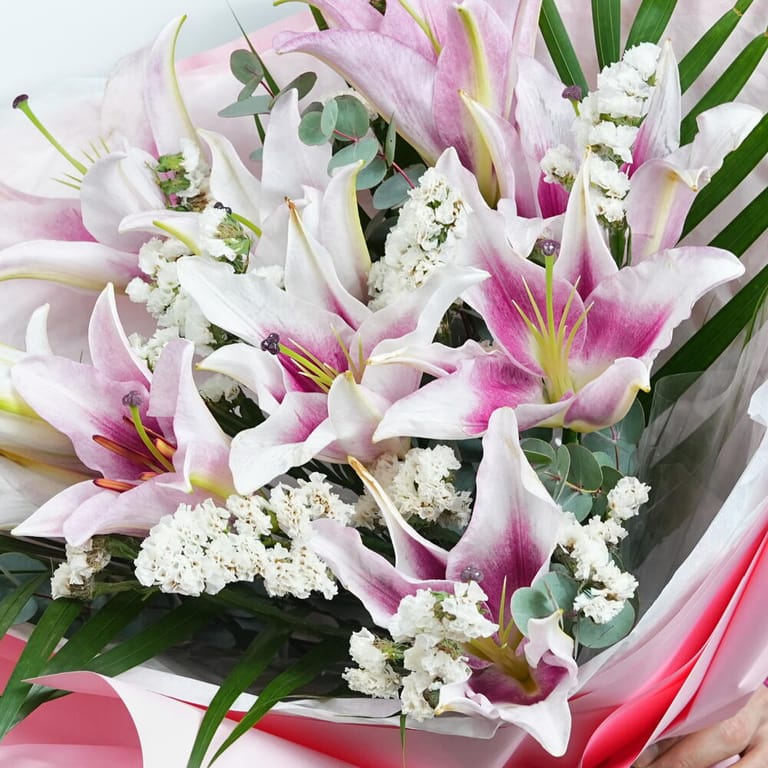 Premium Pink Lily and White Statice Bouquet-A1711 - Image 3