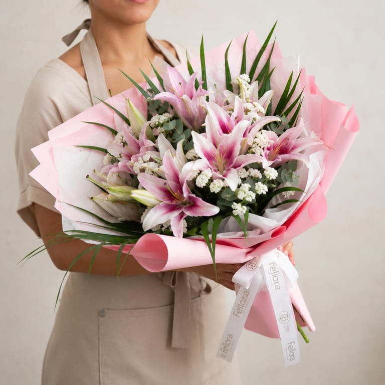 Premium Pink Lily and White Statice Bouquet-A1711 - Image 4