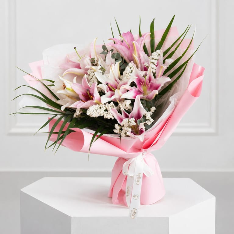 Premium Pink Lily and White Statice Bouquet-A1711 - Image 5