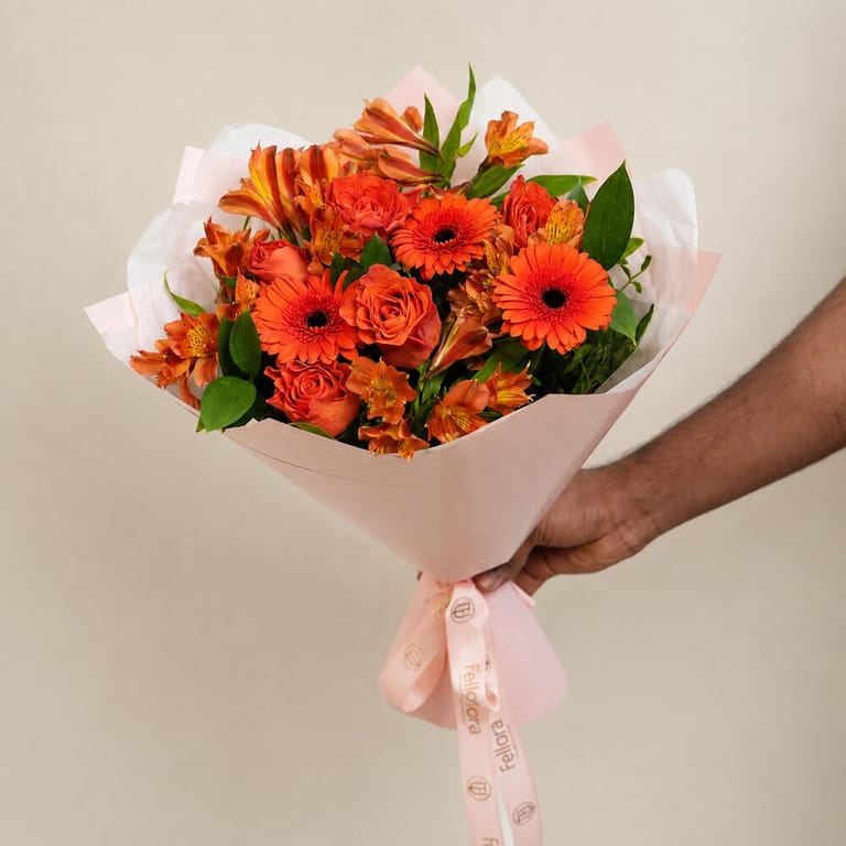 Orange Roses Gerbera And Alstroemeria Flower Bouquet-A1725 - Image 3