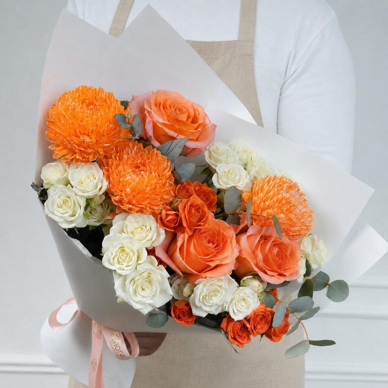 Orange Peony Chrysanthemum And Rose Bouquet-A1759 - Image 1