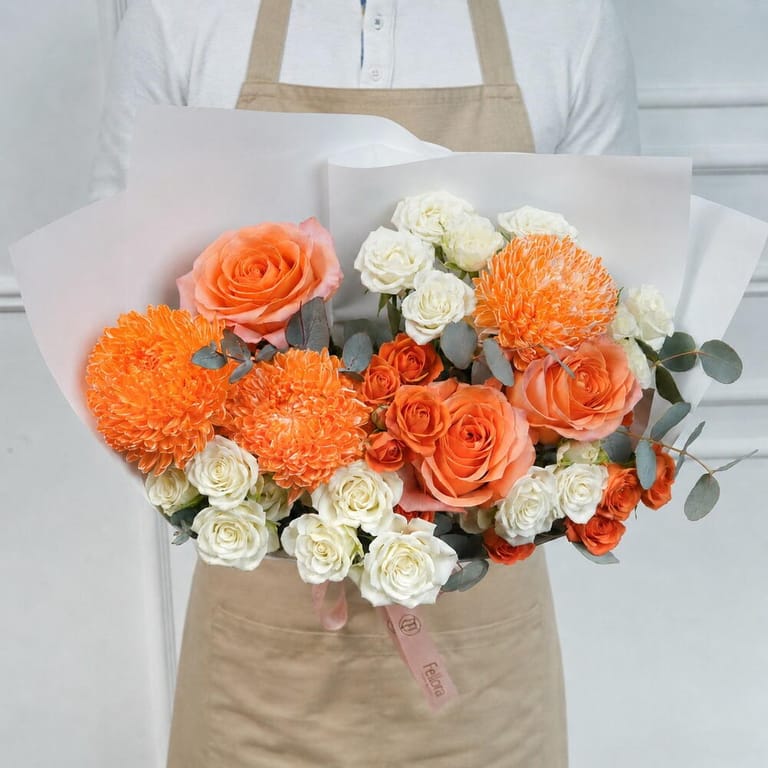 Orange Peony Chrysanthemum And Rose Bouquet-A1759 - Image 2