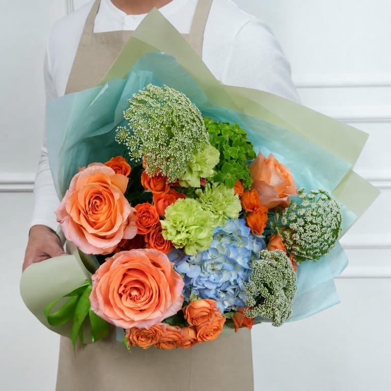 Garden Bouquet of Peach Rose And Blue Hydrangea-A1761 - Image 1