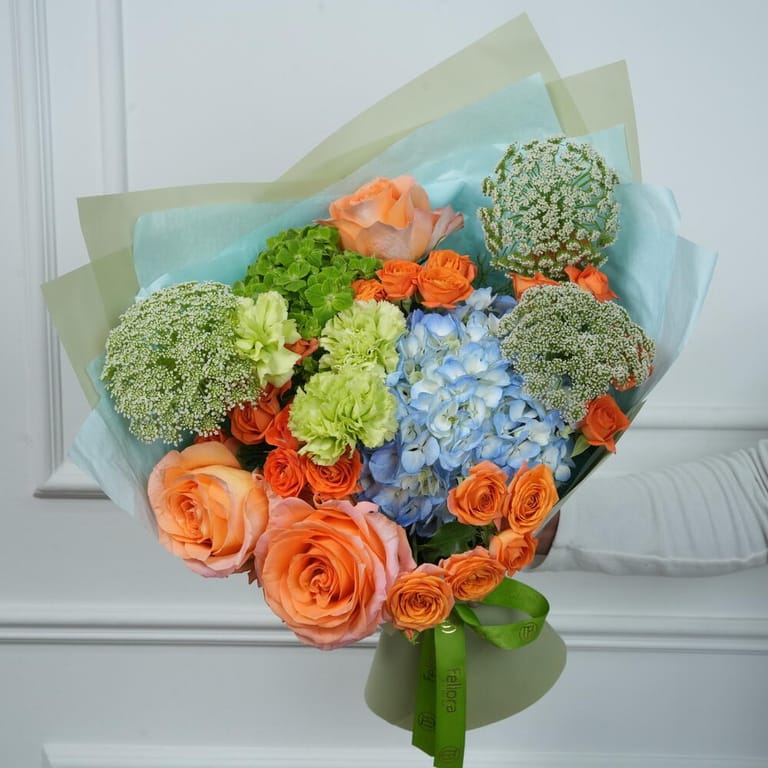 Garden Bouquet of Peach Rose And Blue Hydrangea-A1761 - Image 3
