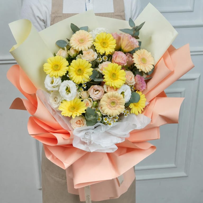 Yellow And Peach Gerbera And Lisianthus Bouquet-A1764 - Image 2