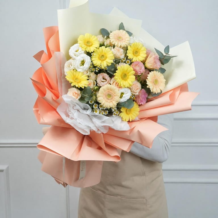 Yellow And Peach Gerbera And Lisianthus Bouquet-A1764 - Image 3