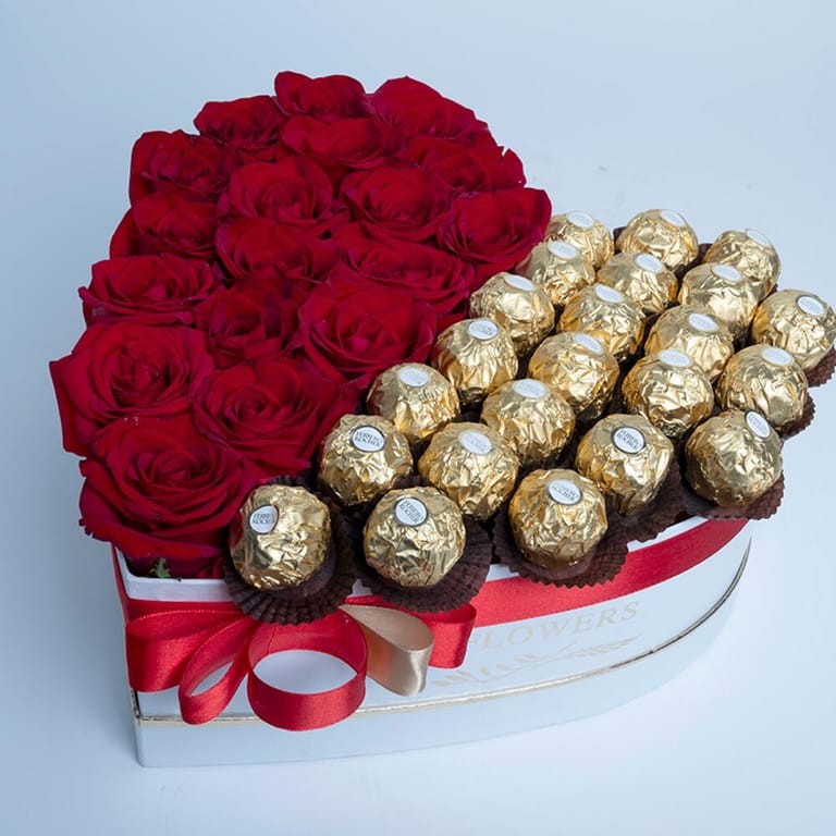 Red Roses And Chocolate In A White Heart Box Combo-C21 - Image 1