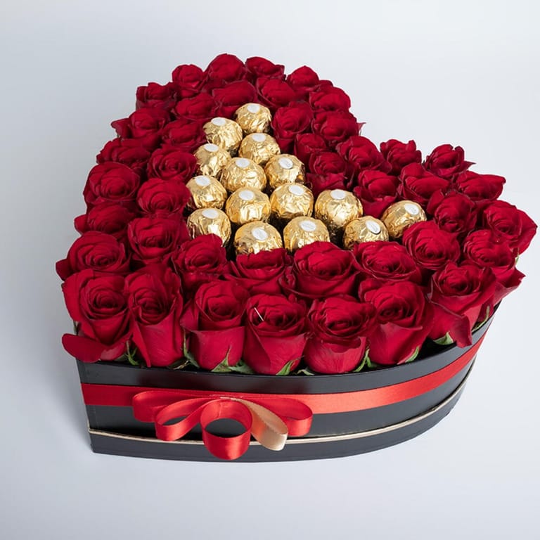 Red Roses And Ferrero Rocher Black Heart Shaped Combo-C26 - Image 1