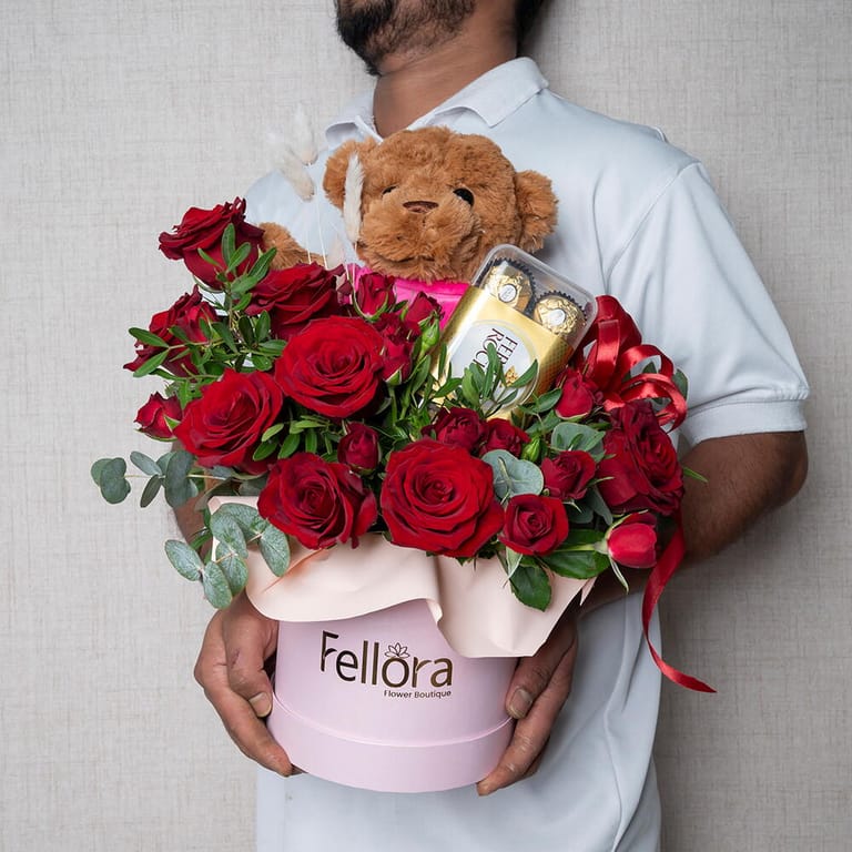 Red Roses Ferrero Rocher And Teddy Bear Gift Combo-C30 - Image 1