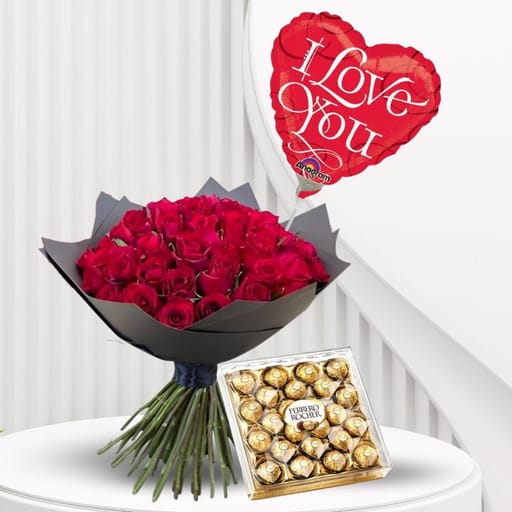 Red Roses Ferrero Rocher And Love You Balloon Combo-C32