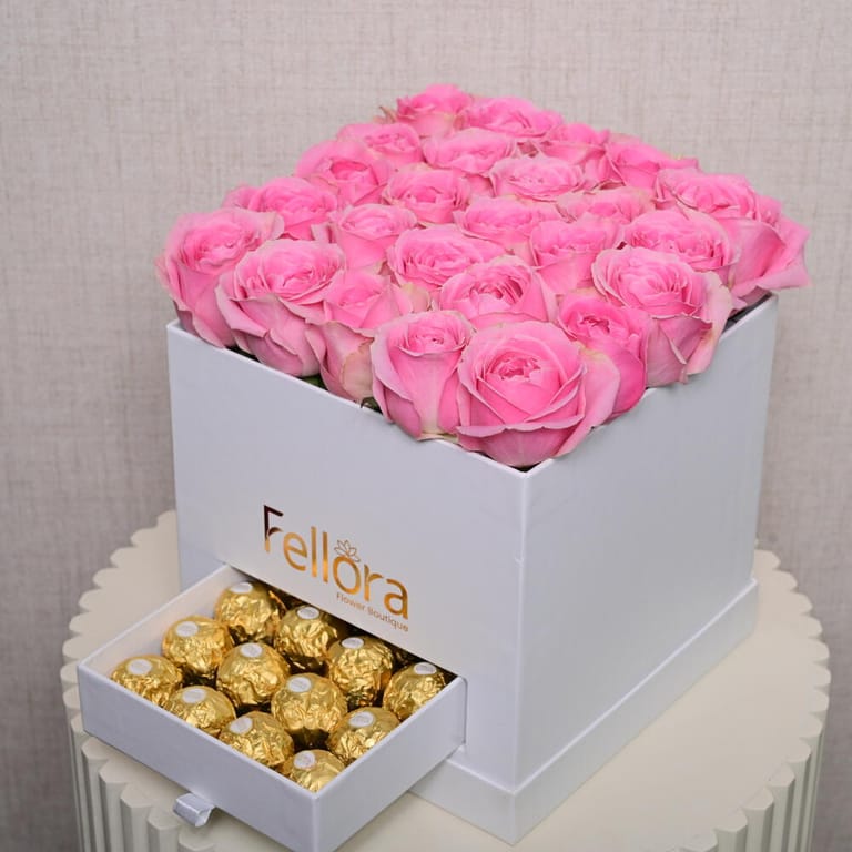 Pink Roses And Ferrero Rocher White Luxury Gift Box-C35 - Image 1