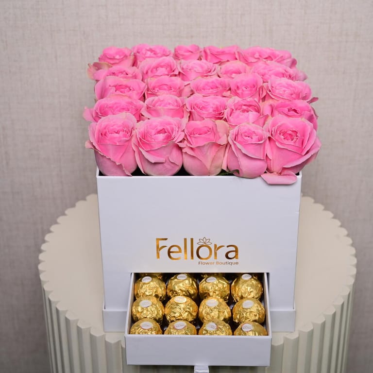 Pink Roses And Ferrero Rocher White Luxury Gift Box-C35 - Image 2