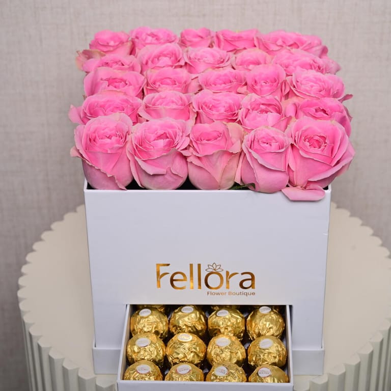 Pink Roses And Ferrero Rocher White Luxury Gift Box-C35 - Image 3