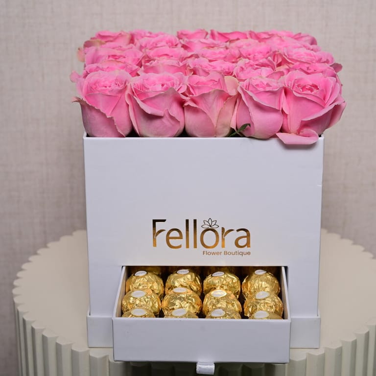Pink Roses And Ferrero Rocher White Luxury Gift Box-C35 - Image 4