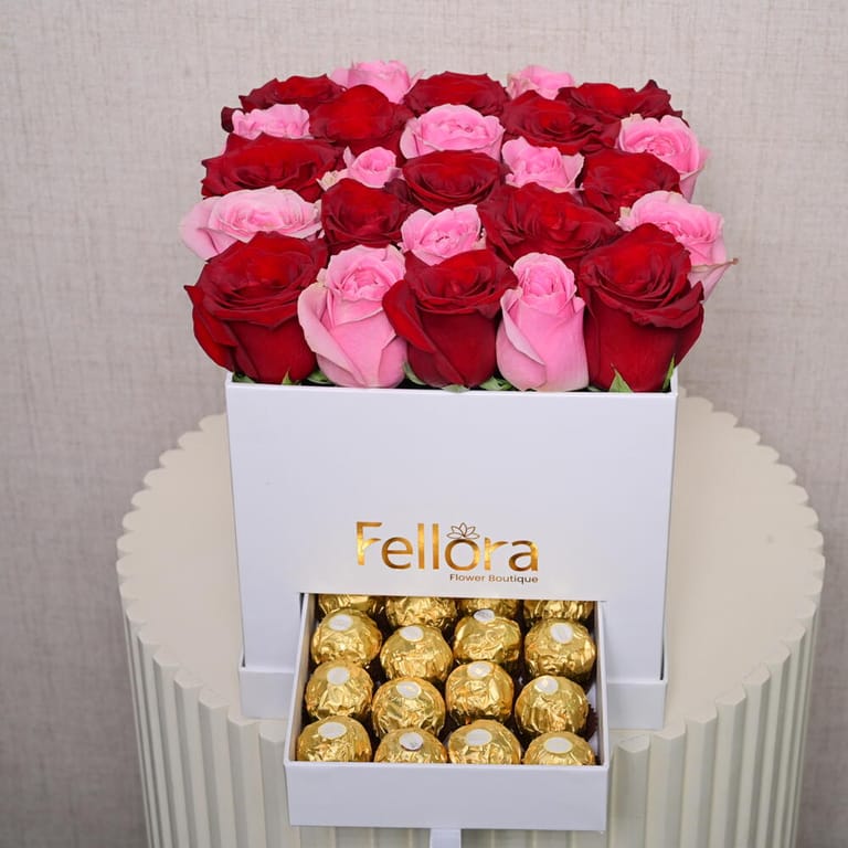Red And Pink Roses With Ferrero Rocher White Luxury Gift Box-C36 - Image 2
