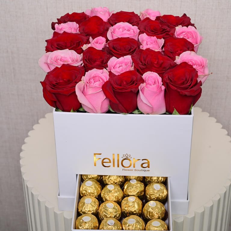 Red And Pink Roses With Ferrero Rocher White Luxury Gift Box-C36 - Image 3