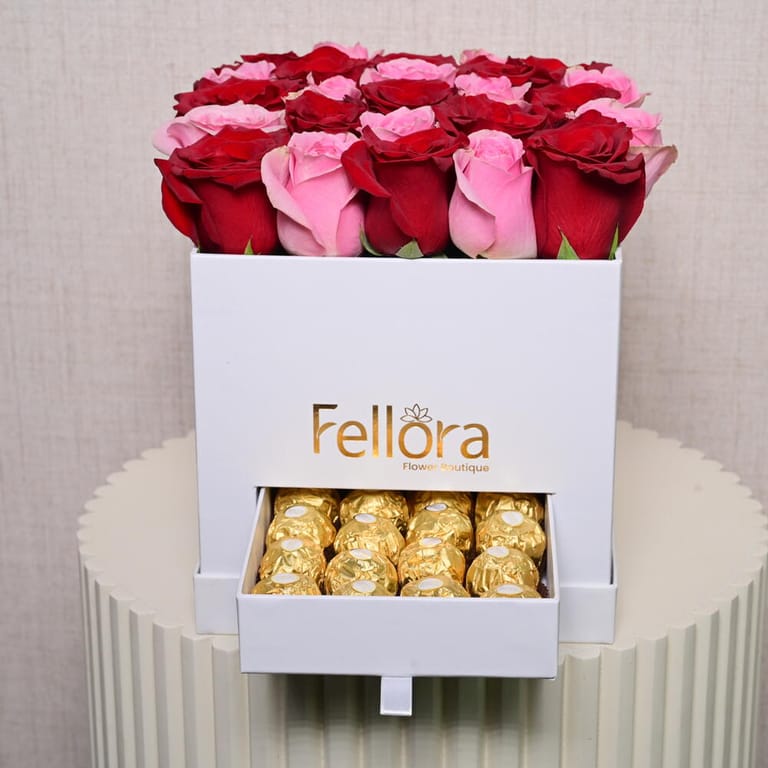 Red And Pink Roses With Ferrero Rocher White Luxury Gift Box-C36 - Image 5
