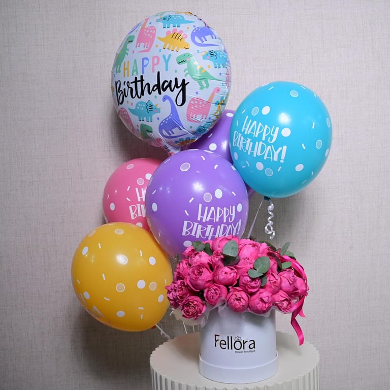 Pink Peony Roses And Happy Birthday Helium Balloons Combo-C37 - Image 1