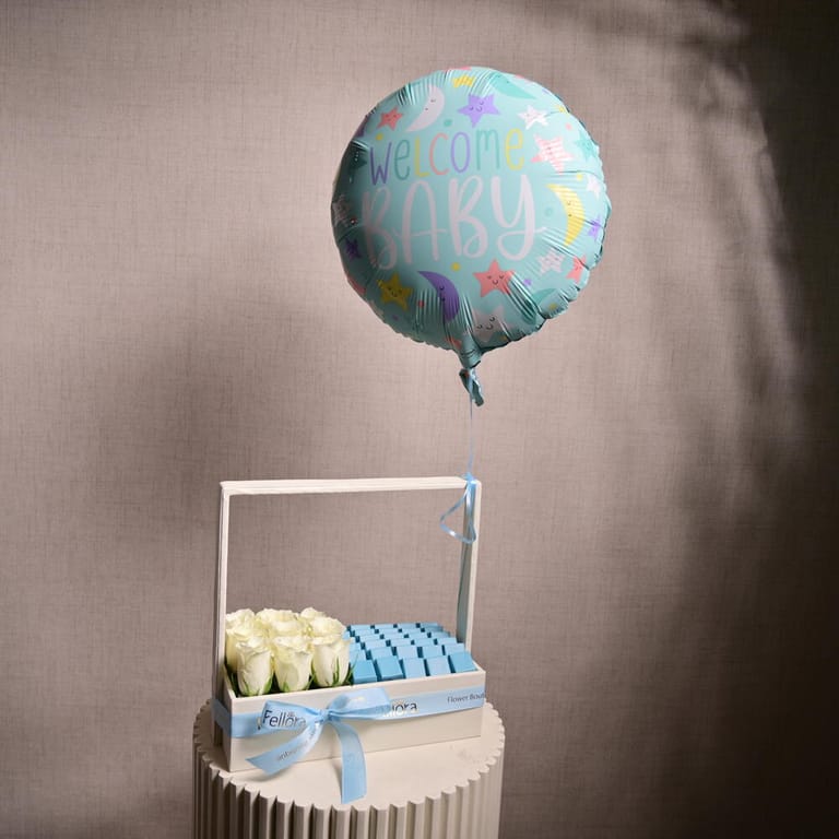 Welcome Baby Balloon White Roses And Blue Chocolates Hamper-C53 - Image 1