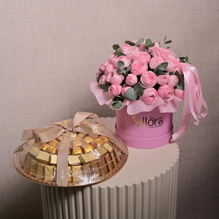 Pink Peony Roses Flower Box And Luxury Chocolate Tray-C56 - Image 1
