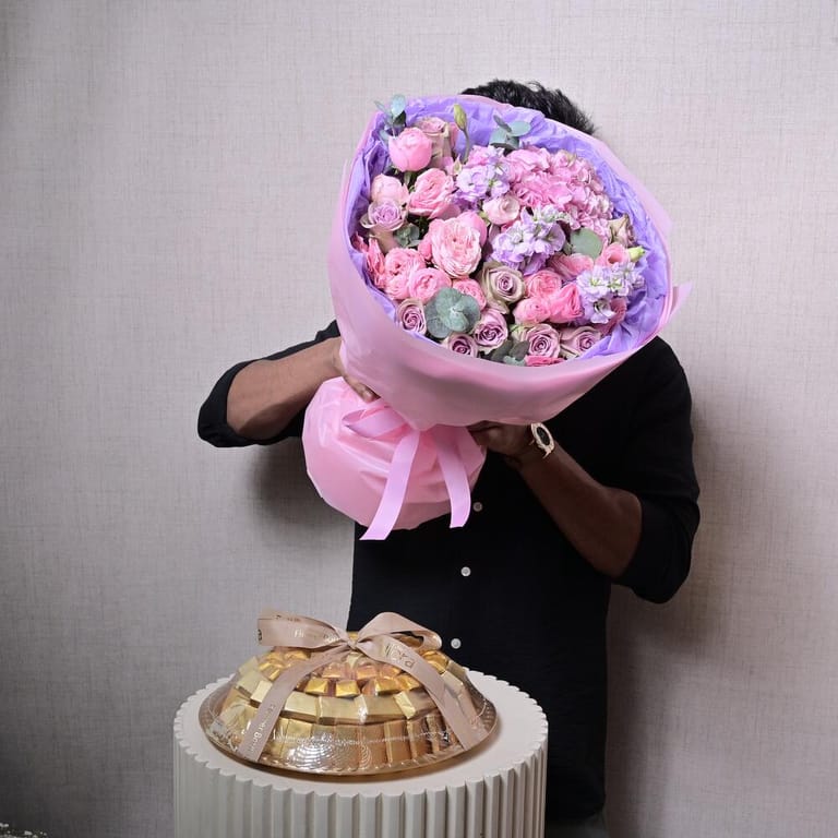 Pink And Purple Roses Luxury Bouquet And Chocolate Tray-C57 - Image 1