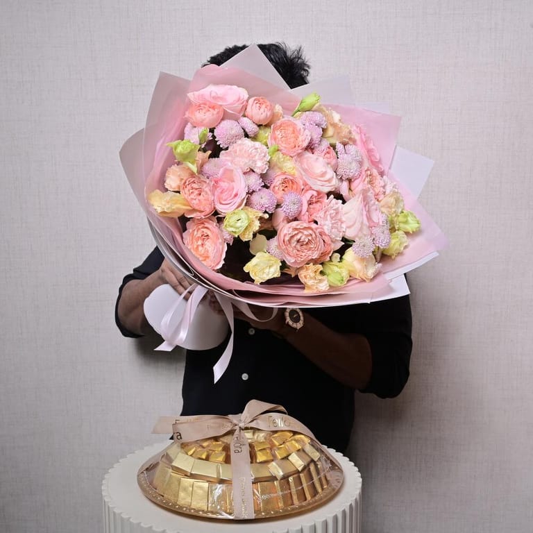 Peony Roses Luxury Bouquet And Chocolate Tray-C58 - Image 1