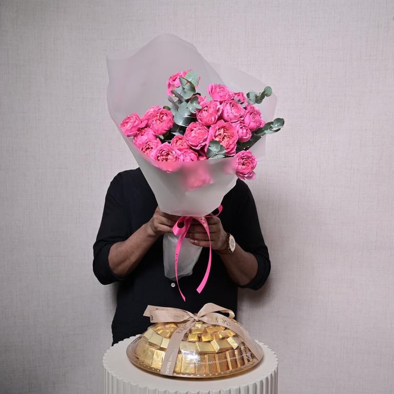 Hot Pink Peony Roses Luxury Bouquet And Chocolate Tray-C59 - Image 1