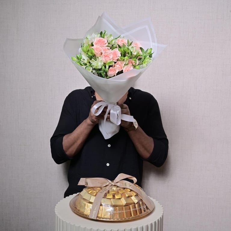 Peach Roses And White Alstroemeria Bouquet With Chocolate-C60 - Image 1