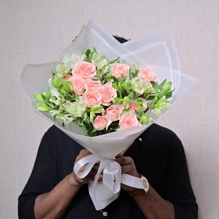Peach Roses And White Alstroemeria Bouquet With Chocolate-C60 - Image 2