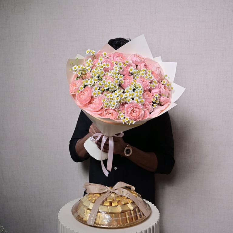 Julietta Peony Roses And Tanacetum Bouquet With Chocolate-C61 - Image 1