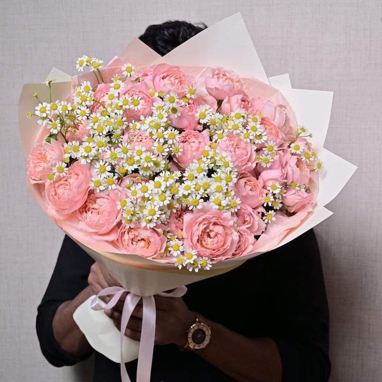 Julietta Peony Roses And Tanacetum Bouquet With Chocolate-C61 - Image 2