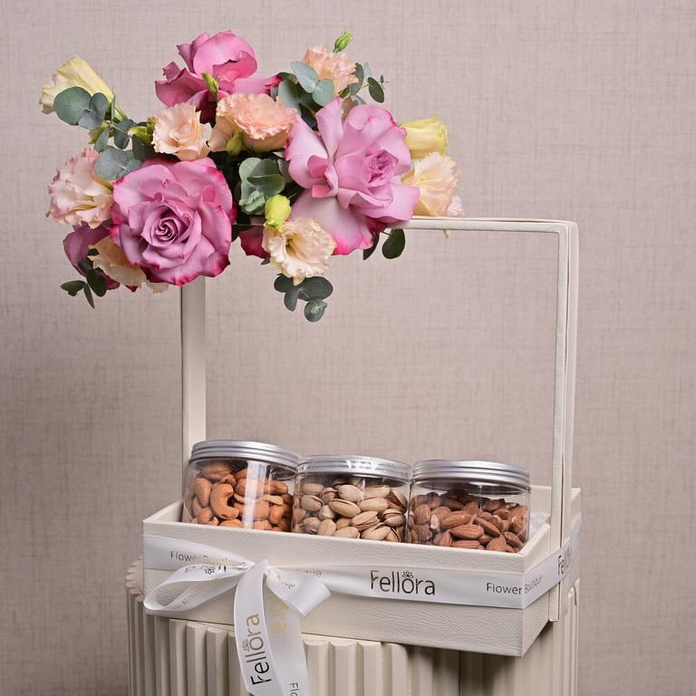 Purple Roses Lisianthus And Premium Assorted Nuts Gift Combo-C63 - Image 1
