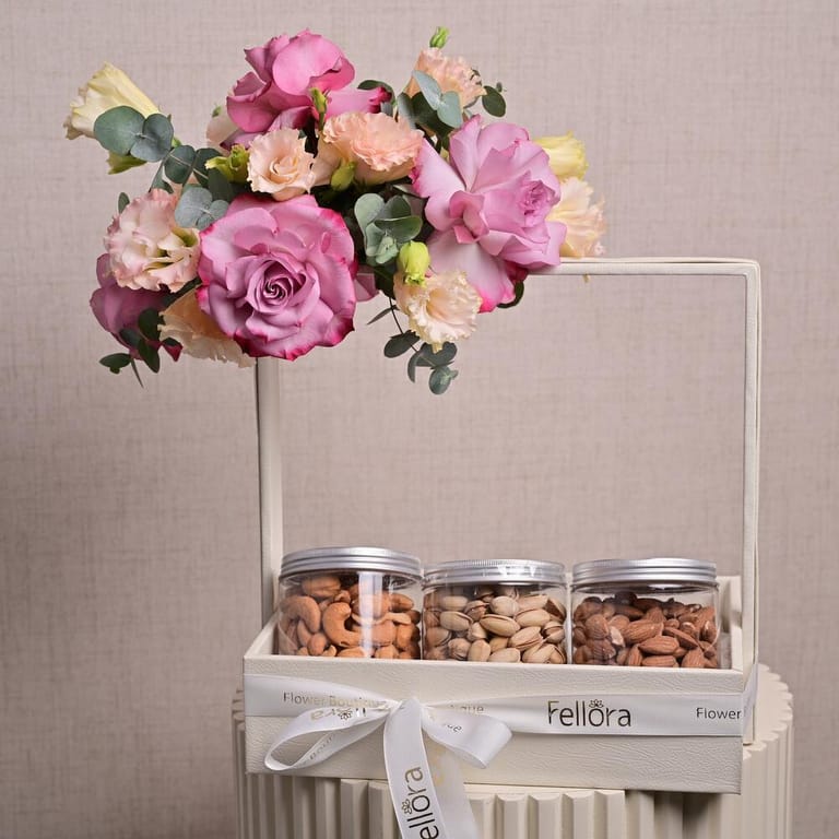 Purple Roses Lisianthus And Premium Assorted Nuts Gift Combo-C63 - Image 4