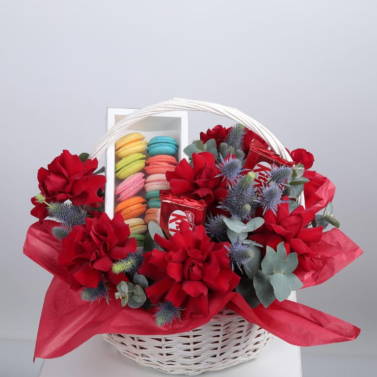 Red Roses, Macarons And KitKat Gift Basket Combo-C88 - Image 1