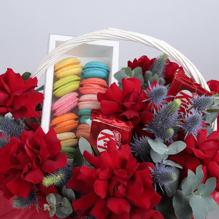 Red Roses, Macarons And KitKat Gift Basket Combo-C88 - Image 2