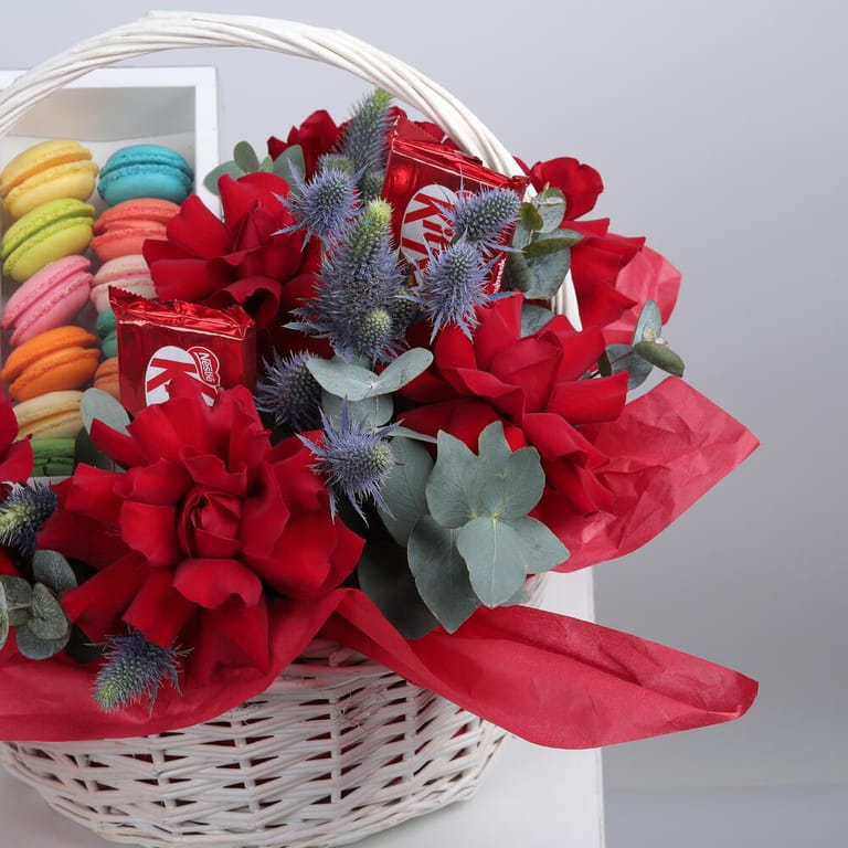 Red Roses, Macarons And KitKat Gift Basket Combo-C88 - Image 5