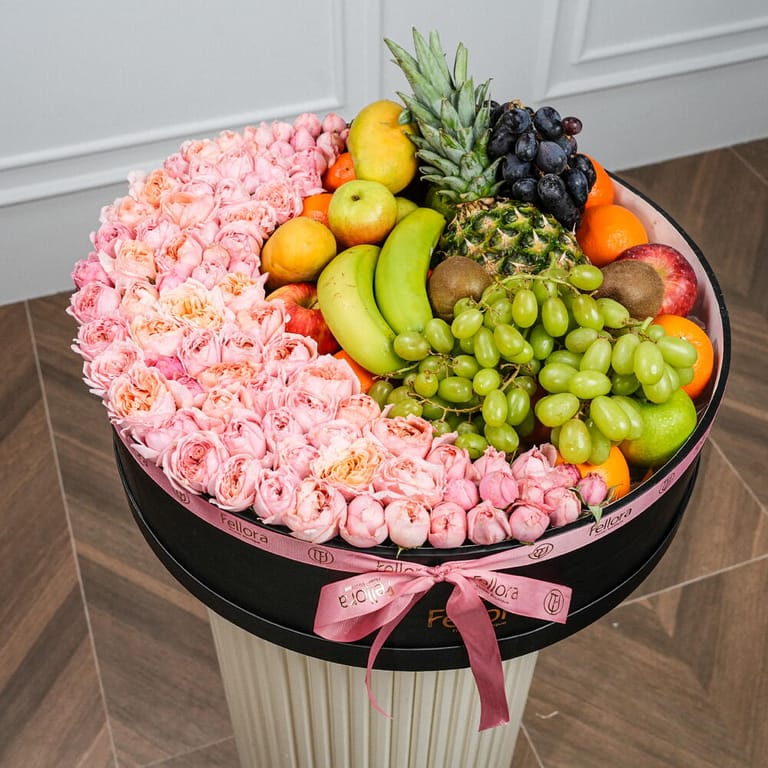Peony Roses And Premium Fresh Fruits Luxury Box-C90 - Image 4
