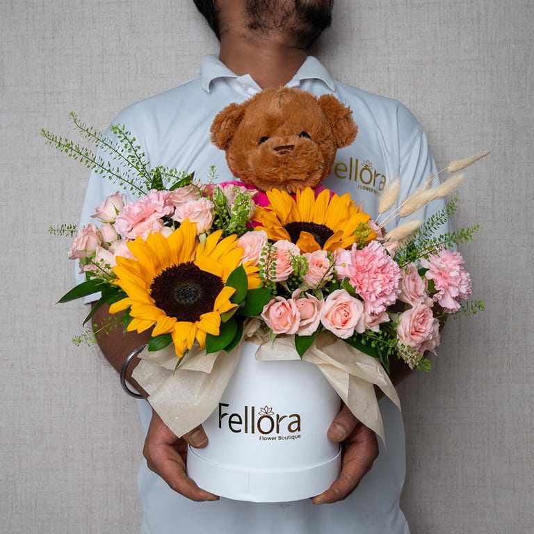 Sunflowers Pink Roses And Teddy Bear Flower Box-C93 - Image 1