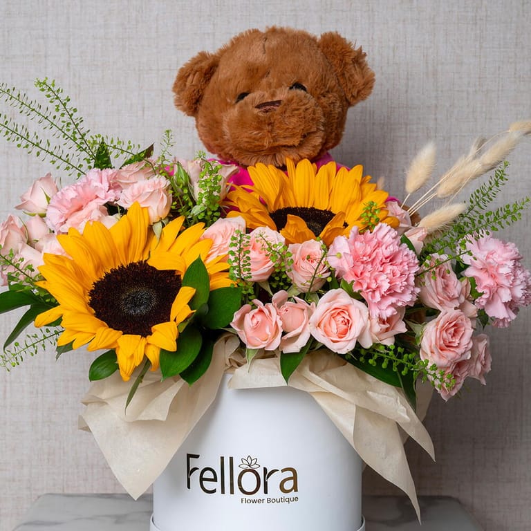 Sunflowers Pink Roses And Teddy Bear Flower Box-C93 - Image 4