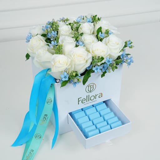 White Roses And Blue Chocolates Gift Box Combo-C97