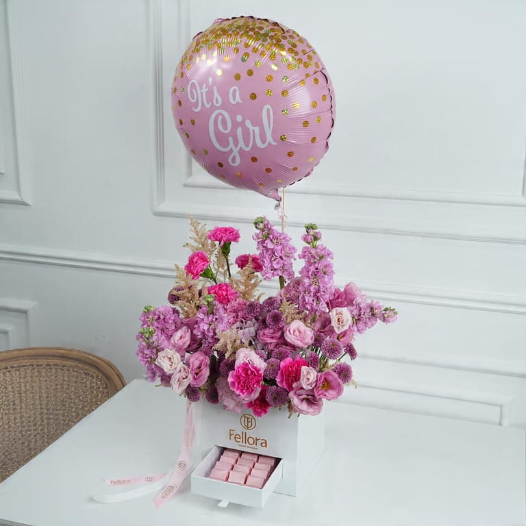 It s A Girl Flowers Chocolates And Helium Balloon Combo-C100 - Image 1